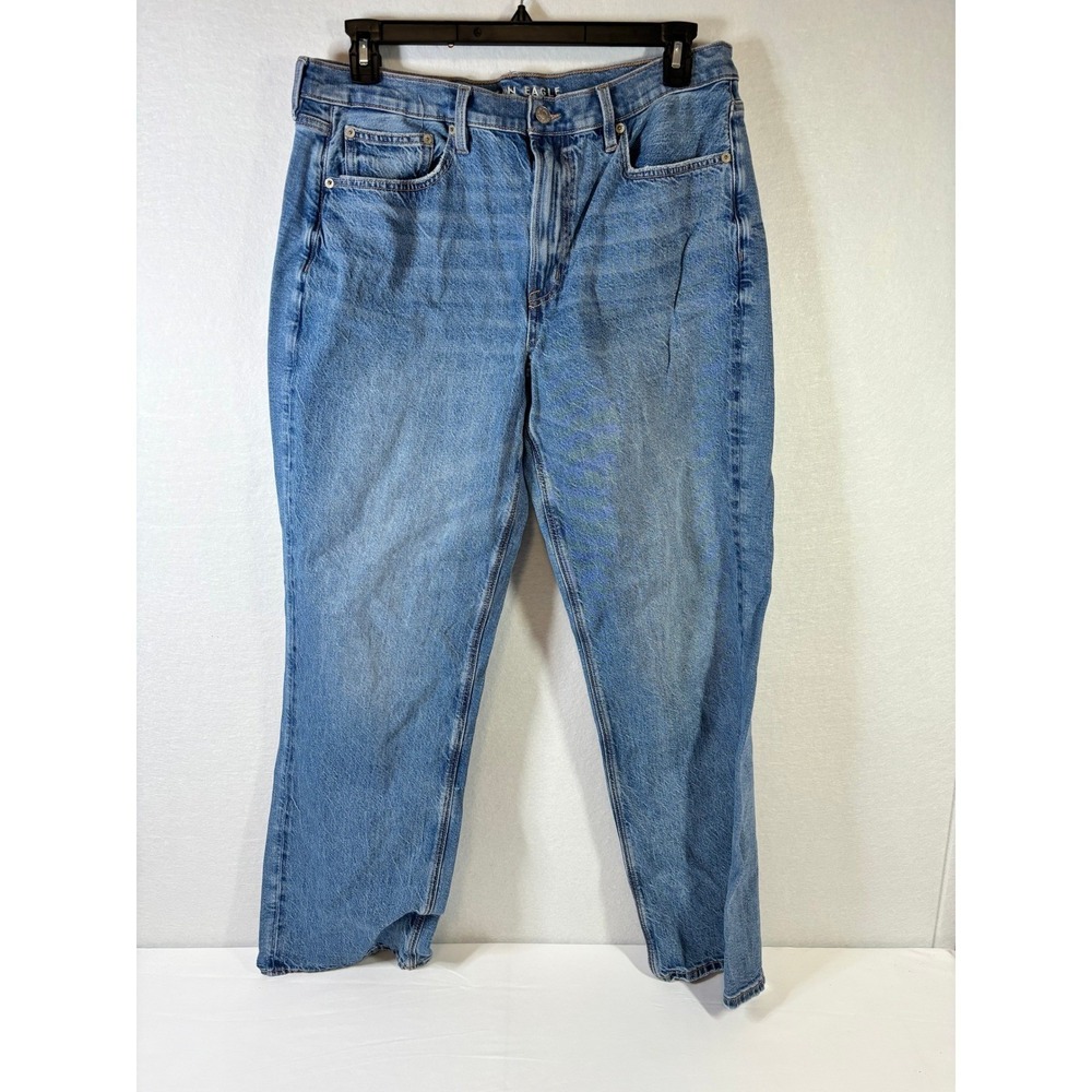 American Eagle Women 14 Long Low Rise Baggy Straight Rigid Jeans Medium Wash Y2K